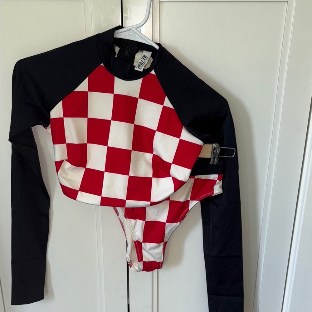 SOLID & STRIPED Red and White Checkered Swimsuit